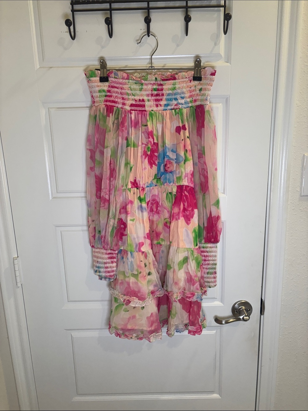 Rococo Sand Floral Off Shoulder Smocked Dress XS Multicolor Boho Tiered Mini NWT